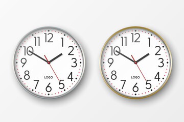 Vector 3d Realistic Simple Round Silver and Gold Wall Office Clock with White Dial Icon Set Closeup Isolated on White Background. Design Template, Mock-up for Branding, Advertise. Front or Top View