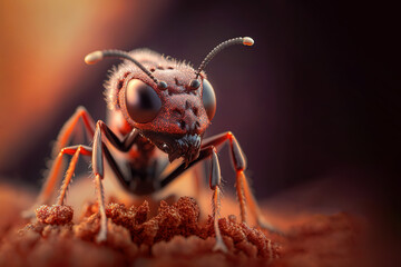 Fototapeta premium Red ant with big eyes close-up. Generative AI