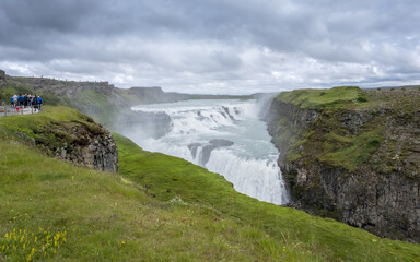 Tourists at the Gullfoss Waterfall on the Hvita River, Golden Circle, Iceland