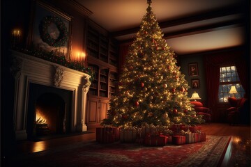 Intimate and calm spacious living room at night with a giant decorated christmas tree with presents under it, and a fireplace