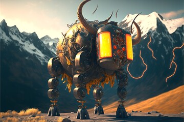 Cybernetically enhanced bull looking machine with elongated orange visor at daylight in the mountains