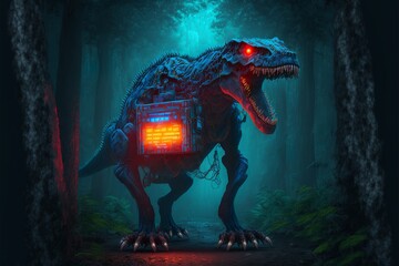 Cybernetically enhanced raptor mutant opening mouth in a foggy forest at night
