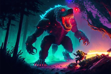 Howling terrifying cybernetically enhanced shark head and gorilla body giant biopunk mutant with purple and green light in the background in a forest fighting a soldier