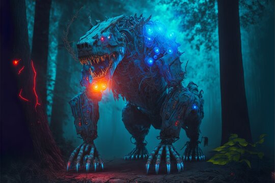 Cybernetically enhanced shark head and bulky gorilla body giant biopunk mutant with blue and orange lights in a foggy forest at night
