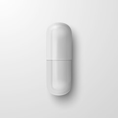 Vector 3d Realistic White Pharmaceutical Medical Pill, Capsule, Tablet on White Background. Front View. Copy Space. Medicine, Health Concept