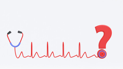 3D illustration of stethoscope and cardiogram heart rate with question mark symbol isolated on white background. Clipping path