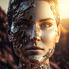 Robot with human face. Female cyborg. Designed using generative ai. 