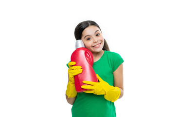 cheerful girl cleaner with detergent in studio. girl cleaner with detergent on background.