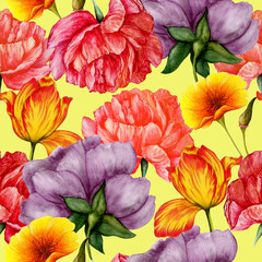 Floral Repeat Pattern of Hand Drawn Peonies and Tulips