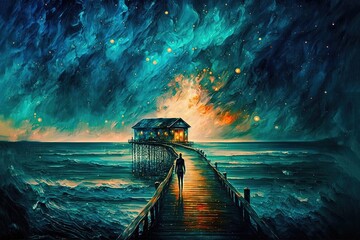 oil painting illustration of a beautiful seascape and galaxy sky with pavilion on the end wooden way path to the horizon  Generative Ai	 - obrazy, fototapety, plakaty
