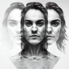 Surreal multiple exposure image of a woman in different moods. Made with Generative AI.
