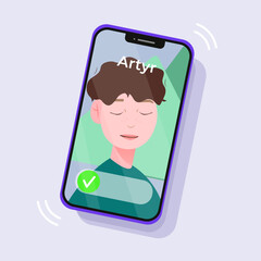Blue mobile phone icon white boy on screen. Call screen. Flat design style. Vector illustration.