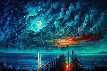 illustration beautiful seascape with glitter glow starry sky in night time, idea for background wallpaper Generative Ai	