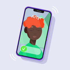 Blue mobile phone icon afroamerican boy on screen. Call screen. Flat design style. Vector illustration.