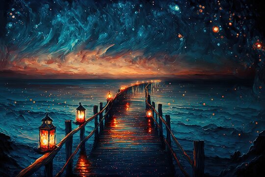illustration beautiful seascape with glitter glow starry sky in night time, idea for background wallpaper Generative Ai	