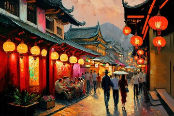 illustration of ancient Chinese village with crowd of people walking on market street Generative Ai	