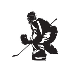 Ice hockey goalkeeper, hockey goalie, isolated vector silhouette, ink drawing. Winter team sport athlete