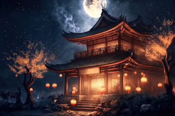 Amazing picture of the Asian exterior of the castle with traditional lanterns. Chinese lunar new year. Generative AI.