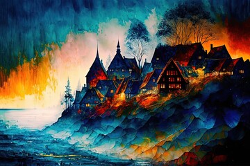 Fototapeta na wymiar oil painting style illustration of beautiful valley village, inspired from Smgen village Sweden Generative Ai 