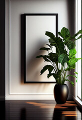 Heller Innenraum mit großer Pflanze und Bilderrahmen mit Textfreiraum als Platzhalter an einer modernen Innenwand im Hintergrund. Natürliches Sonnenlicht scheint durch das Fenster. Generative Ai
