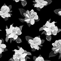 Gardenia flower black and white seamless pattern