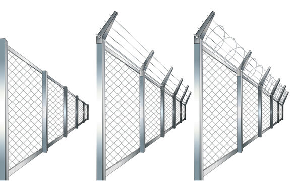 Perspective view of barbed metal fence
