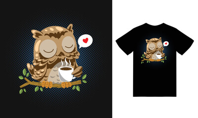 Owl with coffee illustration with tshirt design premium vector