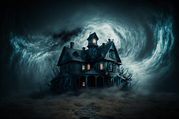 creepy haunted house with hundreds of spooky ghosts, generative AI	 - obrazy, fototapety, plakaty