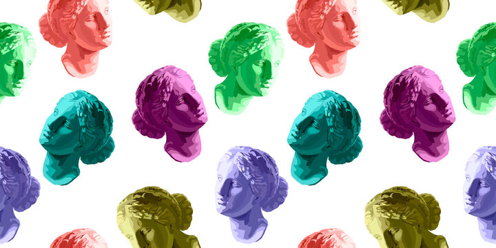 Venus (Aphrodite) goddess of love head colorful seamless pattern 