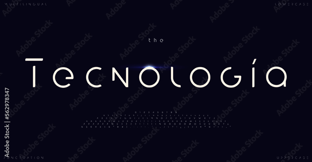 Poster modern minimalistic alphabet, multilingual letters, numbers and punctuation marks. futuristic thin c