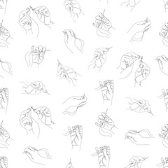 Collection. Human hands sew a needle and thread. Seamless pattern in art nouveau style in one line. Solid line, sketches, posters, murals, stickers, logo. Vector illustration.