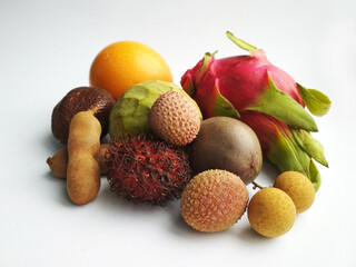 Exotic fruits, delicious ripe fruits from different countries, set of fruits