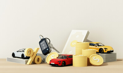 Obraz premium Concept car with coins and cash, auto tax and financing, car insurance and car loans, concepts save money on car purchases. on wooden table background. 3d rendering