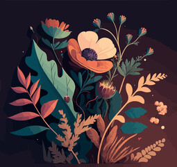 A vibrant bouquet of mixed flowers. Spring botanical flat vector illustration