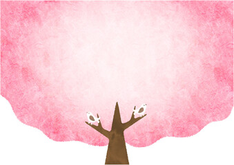 大きな桜の木と小鳥 春の水彩背景イラスト
