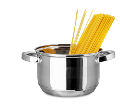 Italian spaghetti in stainless pot isolated on a transparent background