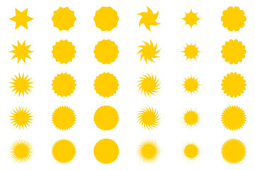 Set of Yellow star or sun shaped sale stickers. Promotional sticky notes and labels.