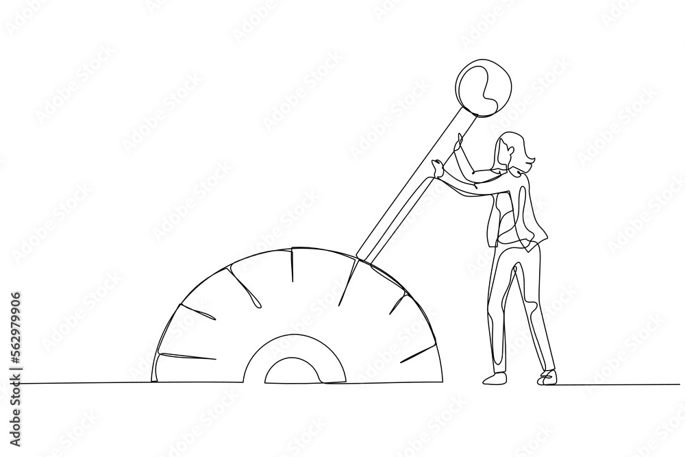 Wall mural illustration of businesswoman change transmission knob make business to next level. continuous line 