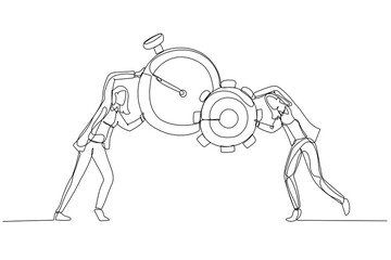 Illustration of businesswoman combine clock with and gear cogwheel concept of time management and production. One line art style