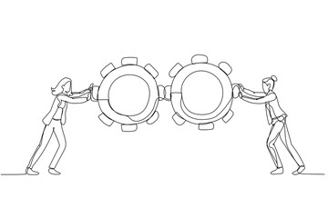 Drawing of businesswoman pushing gears wheel concept of business team work. Single line art style