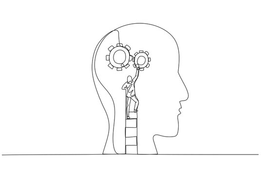 recommend clip art: Drawing of businesswoman using the ladder and installing gear on people head concept of thinking. Single continuous line art