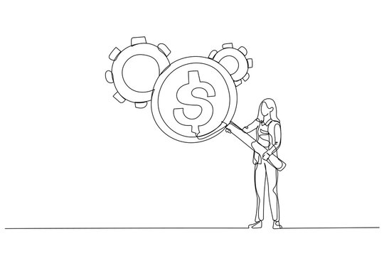 Drawing of businesswoman with magnifier showing dollar money reflection looking at gear cogwheel concept of cost efficient. One continuous line art style