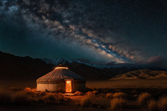 Yurts on the Mongolian grasslands at night with the Milky Way