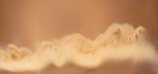 Small Fine size Sand flying explosion, Golden grain wave explode, abstract cloud fly. Yellow...