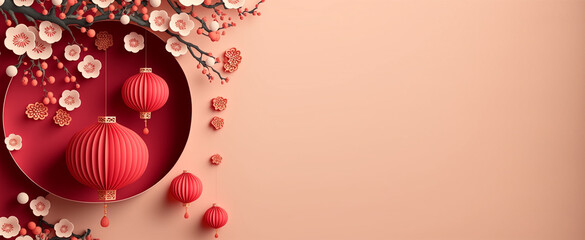 Chinese Lunar New Year Decoration Ornament Background With Lampion and Sakura. Generative AI