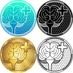 Human Brain Front View Central Nervous System Healthy Assurance Guarantee Medical Logo, Set of Round Icon Pictogram, Black-White Silhouette, Golden Badge, Line Art Isolated on White Background