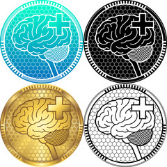 Human Brain Side View Central Nervous System Healthy Assurance Guarantee Medical Logo, Set of Round Icon Pictogram, Black-White Silhouette, Golden Badge, Line Art Isolated on White Background