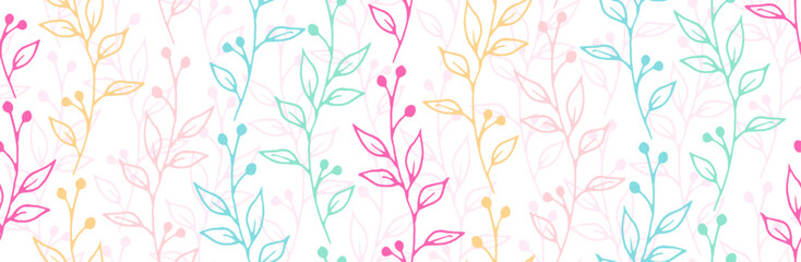 Berry bush branches natural vector seamless ornament. Boho floral textile print. Grass plants leaves and stems illustration. Berry bush twigs flat endless ornament