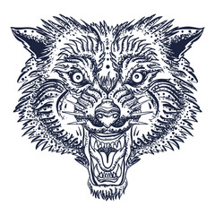 Angry wolf head. Old school tattoo vector art. Aggressive werewolf portrait. Gothic animal. Old school tattoo vector art. Hand drawn graphic. Isolated on white. Traditional flash tattooing