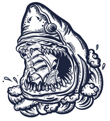 Great white shark and drowned ship. Underwater life. Old school tattoo vector art. Hand drawn graphic. Isolated on white. Traditional flash tattooing